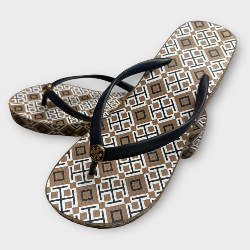 Tory Burch Brown, Black & White Patterned Flip Flop Sandals